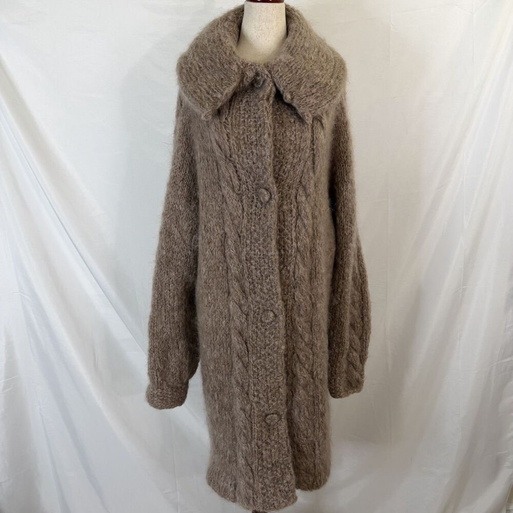 Vintage Mohair Long Cardigan Sweater Fuzzy Shaggy Grunge Tan Size XL